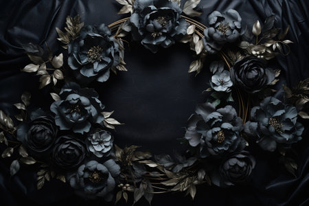 Generative AI, Close up wreath, blooming flowerbeds of amazing black flowers on dark moody floral textured background.の素材