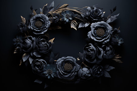 Generative AI, Close up wreath, blooming flowerbeds of amazing black flowers on dark moody floral textured background.の素材