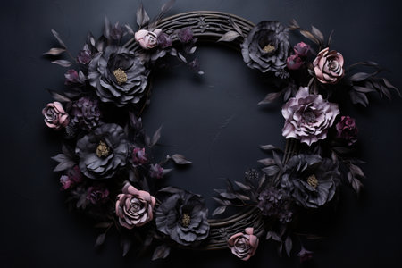 Generative AI, Close up wreath, blooming flowerbeds of amazing black flowers on dark moody floral textured background.の素材