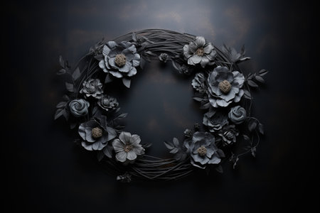 Generative AI, Close up wreath, blooming flowerbeds of amazing black flowers on dark moody floral textured background.の素材