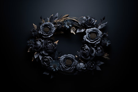 Generative AI, Close up wreath, blooming flowerbeds of amazing black flowers on dark moody floral textured background.の素材