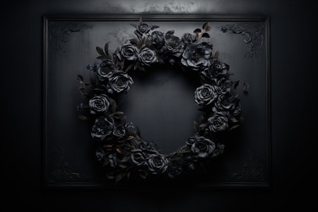 Generative AI, Close up wreath, blooming flowerbeds of amazing black flowers on dark moody floral textured background.の素材