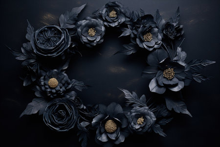 Generative AI, Close up wreath, blooming flowerbeds of amazing black flowers on dark moody floral textured background.の素材