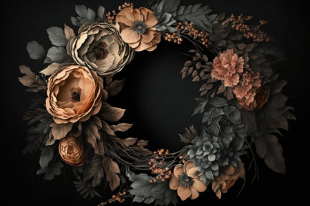 Generative AI, Close up wreath, blooming flowerbeds of amazing apricot and orange flowers on dark moody floral textured background.の素材