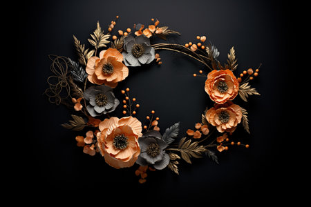 Generative AI, Close up wreath, blooming flowerbeds of amazing apricot and orange flowers on dark moody floral textured background.の素材