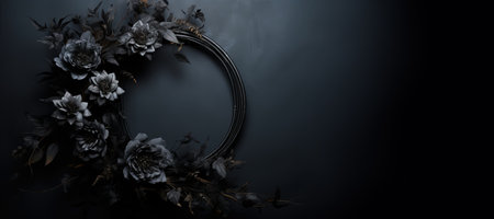 Generative AI, Close up wreath, blooming flowerbeds of amazing black flowers on dark moody floral textured background.の素材