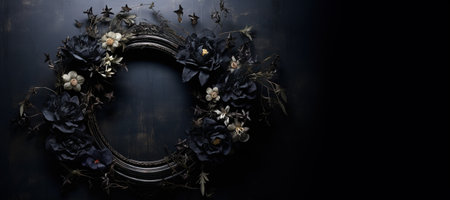 Generative AI, Close up wreath, blooming flowerbeds of amazing black flowers on dark moody floral textured background.の素材