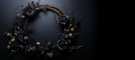 Generative AI, Close up wreath, blooming flowerbeds of amazing black flowers on dark moody floral textured background.の素材