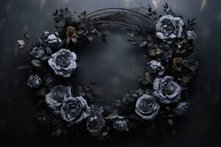 Generative AI, Close up wreath, blooming flowerbeds of amazing black flowers on dark moody floral textured background.の素材