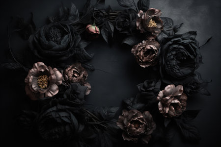 Generative AI, Close up wreath, blooming flowerbeds of amazing black flowers on dark moody floral textured background.の素材