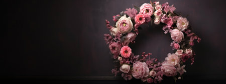 Generative AI, Close up wreath, blooming flowerbeds of amazing pink flowers on dark moody floral textured background.の素材