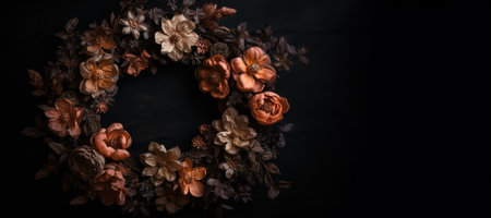 Generative AI, Close up wreath, blooming flowerbeds of amazing orange flowers on dark moody floral textured background.の素材