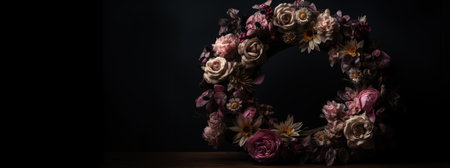 Generative AI, Close up wreath, blooming flowerbeds of amazing pink flowers on dark moody floral textured background.の素材