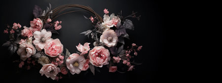 Generative AI, Close up wreath, blooming flowerbeds of amazing pink flowers on dark moody floral textured background.の素材
