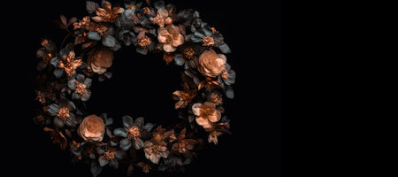 Generative AI, Close up wreath, blooming flowerbeds of amazing orange flowers on dark moody floral textured background.の素材