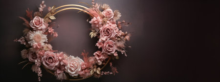 Generative AI, Close up wreath, blooming flowerbeds of amazing pink flowers on dark moody floral textured background.の素材