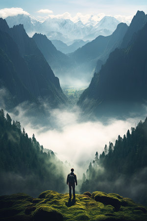 Generative AI, Misty fir forest beautiful landscape in hipster vintage retro style, foggy mountains and trees.の素材