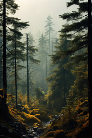 Generative AI, Misty fir forest beautiful landscape in hipster vintage retro style, foggy mountains and trees.の素材