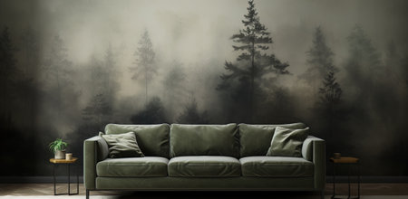 Generative AI, Interior design with couch, sofa and wallpaper of fir forest beautiful landscape in hipster vintage retro style, foggy mountains and trees.の素材