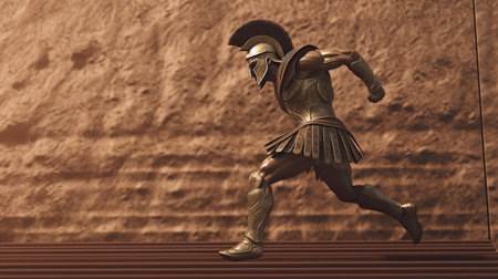 Generative AI, Realistic illustration of a fierce gladiator attacking, running. Armored roman gladiator in combat wielding a sword charging towards his enemy.の素材