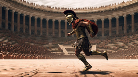 Generative AI, Realistic illustration of a fierce gladiator attacking, running. Armored roman gladiator in combat wielding a sword charging towards his enemy.の素材