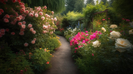 Generative AI, Beautiful summer private garden with many flowers and plants, nature landscape, english countryside cottage styleの素材