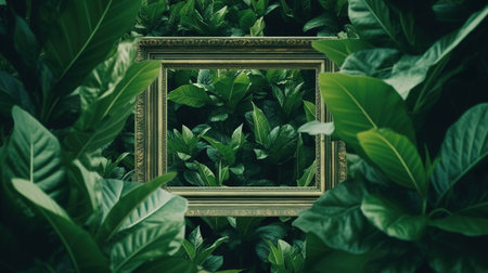 Generative AI, creative layout with green leaves and square frame, flat lay. nature background with copy spaceの素材