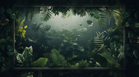 Generative AI, creative layout with green leaves and square frame, flat lay. nature background with copy spaceの素材