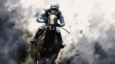Generative AI, Ink painted racing horse with jockey, equestrian sport, monochrome illustrationの素材