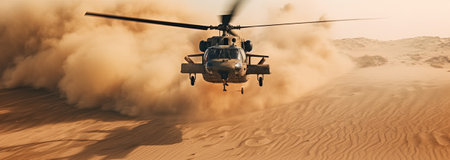 Generative AI, military helicopter takes off in thick dust clouds.の素材