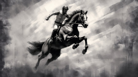 Generative AI, Ink painted racing horse with jockey, equestrian sport, monochrome illustrationの素材