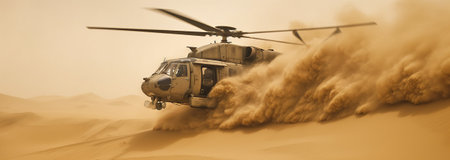 Generative AI, military helicopter takes off in thick dust clouds.の素材