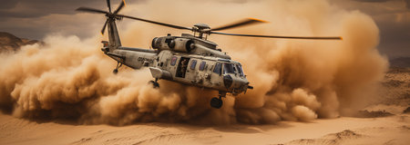 Generative AI, military helicopter takes off in thick dust clouds.の素材