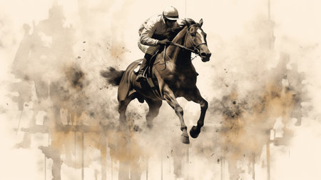 Generative AI, Ink painted racing horse with jockey, equestrian sport, monochrome illustrationの素材