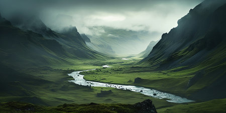 Generative AI, scenic green hills in the clouds, beautiful nature landscape aerial panorama, mountains, aerial photographyの素材