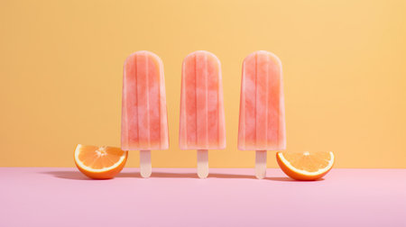 Generative AI, Fruit ice cream or sorbet on a stick, bright color, summer mood, panoramic viewの素材