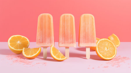 Generative AI, Fruit ice cream or sorbet on a stick, bright color, summer mood, panoramic viewの素材