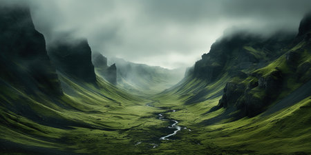 Generative AI, scenic green hills in the clouds, beautiful nature landscape aerial panorama, mountains, aerial photographyの素材