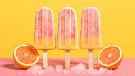 Generative AI, Fruit ice cream or sorbet on a stick, bright color, summer mood, panoramic viewの素材