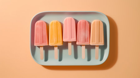 Generative AI, Fruit ice cream or sorbet on a stick, bright color, summer mood, panoramic viewの素材