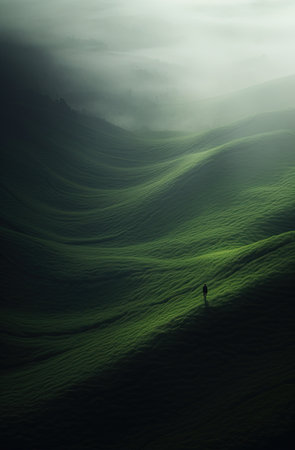 Generative AI, scenic green hills in the clouds, beautiful nature landscape aerial panorama, mountains, aerial photographyの素材