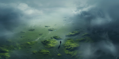 Generative AI, scenic green hills in the clouds, beautiful nature landscape aerial panorama, mountains, aerial photographyの素材