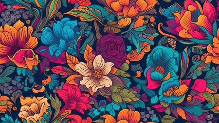 Generative AI, Floral colorful seamless pattern. Lisa Frank and James Jean inspired natural plants and flowers background, Psychedelic illustration. Foliage ornament.の素材