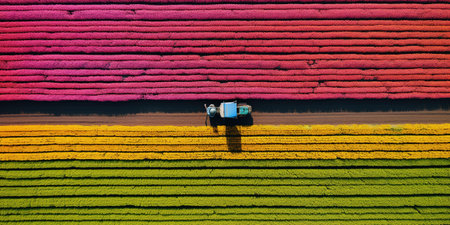 Generative AI, Farm colorful landscape, agricultural fields, beautiful countryside, country road. Nature Illustration, top view drone, horizontal banner.の素材