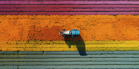 Generative AI, Farm colorful landscape, agricultural fields, beautiful countryside, country road. Nature Illustration, top view drone, horizontal banner.の素材