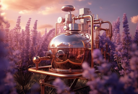 Generative AI, Essential oil extraction with distillery machine with lavender flowersの素材