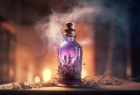 Generative AI, A bottle of essential oil with fresh lavender twigs withh smoke on dark background, herbal oil and flowersの素材