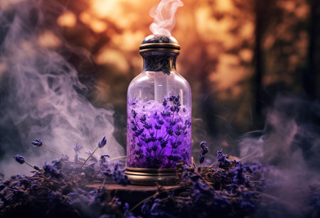 Generative AI, A bottle of essential oil with fresh lavender twigs withh smoke on dark background, herbal oil and flowersの素材