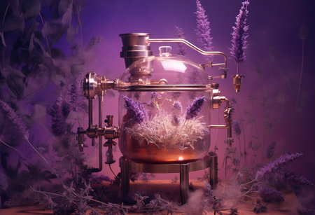 Generative AI, Essential oil extraction with distillery machine with lavender flowersの素材