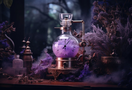 Generative AI, Essential oil extraction with distillery machine with lavender flowersの素材